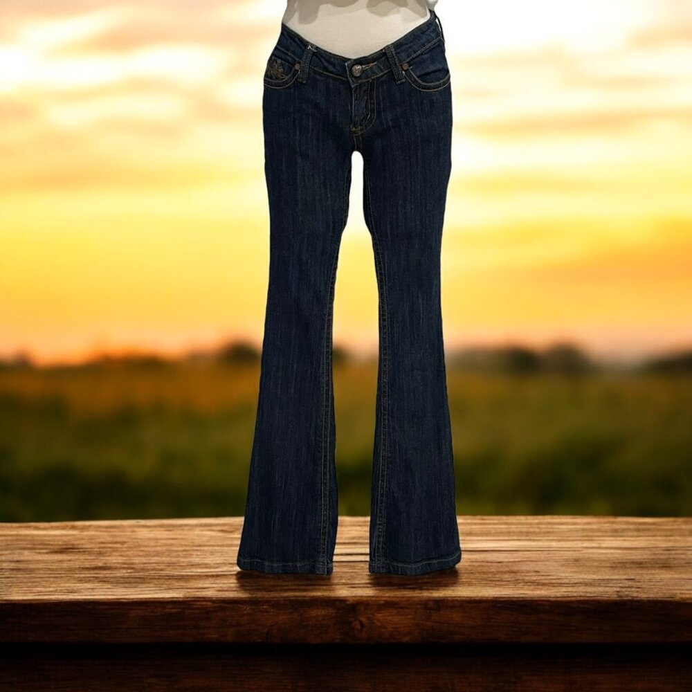 Nine Rivets Womens Denim Flare Leg Jeans 3‎ Embroidered Pockets Y2K Western Chic